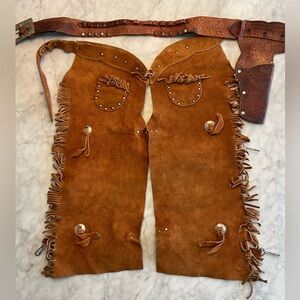 Vintage Roy Rogers Leather Chaps & Cap Gun Holster Belt Western Costume